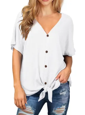 JWD Womens Waffle Knit Tunic Blouse Tie Knot Short Sleeve Henley Tops Loose Fitting Bat Wing Shirts