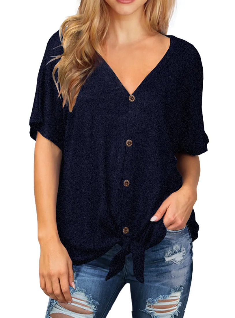 JWD Womens Waffle Knit Tunic Blouse Tie Knot Short Sleeve Henley Tops Loose Fitting Bat Wing Shirts