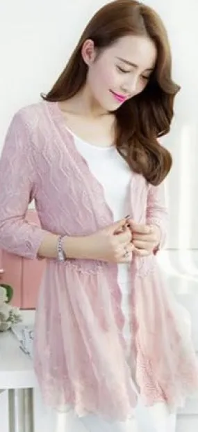 Korean V-Neck Mid-Length See Through  Lace Women Cardigan Sunscreen Sweater