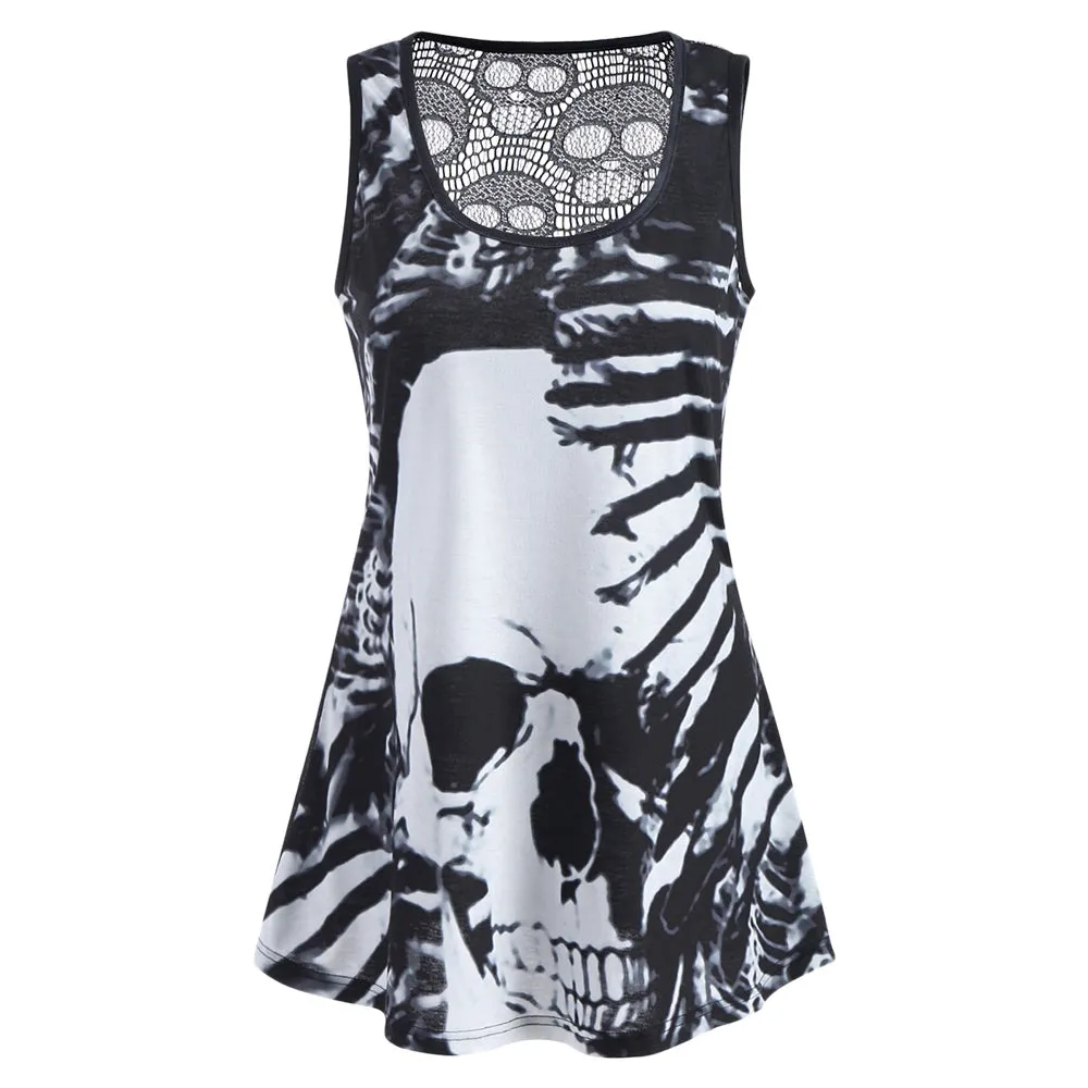 Lace Panel Skull Print Tank Top