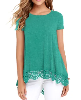 OLRIK Women's Tops Short Sleeve Lace Trim O-Neck A Line Tunic Blouse