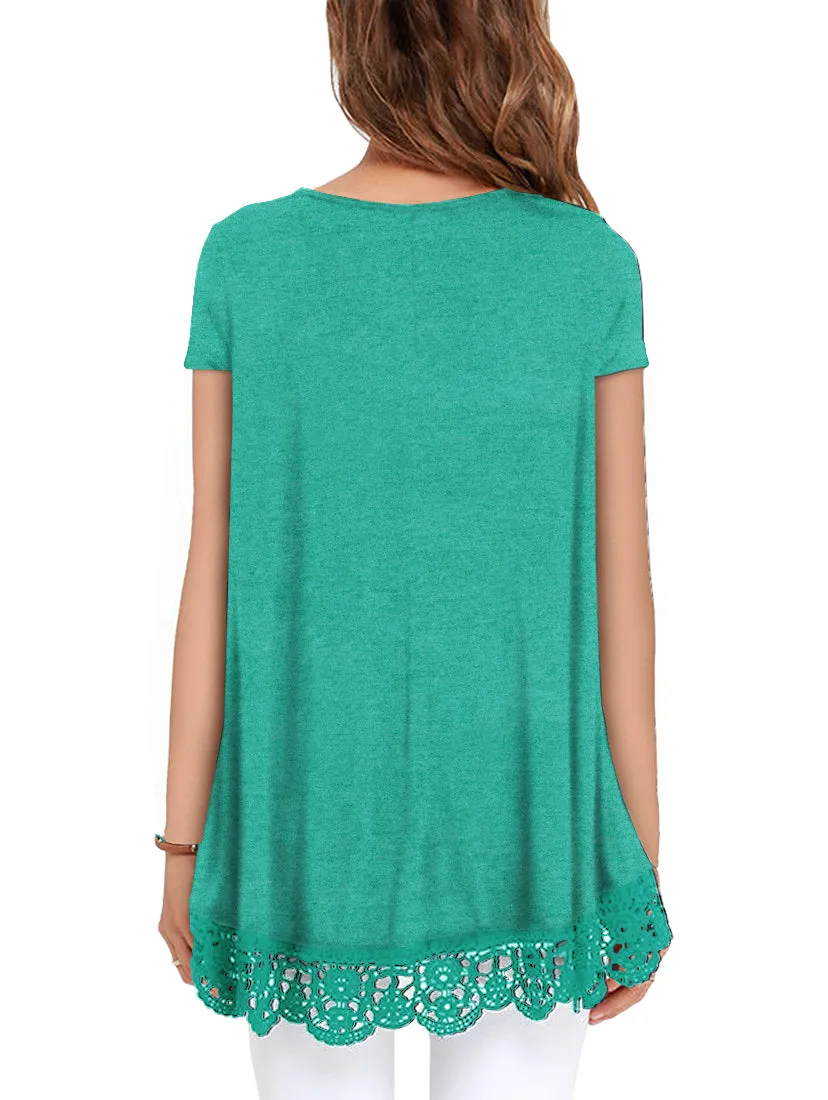 OLRIK Women's Tops Short Sleeve Lace Trim O-Neck A Line Tunic Blouse