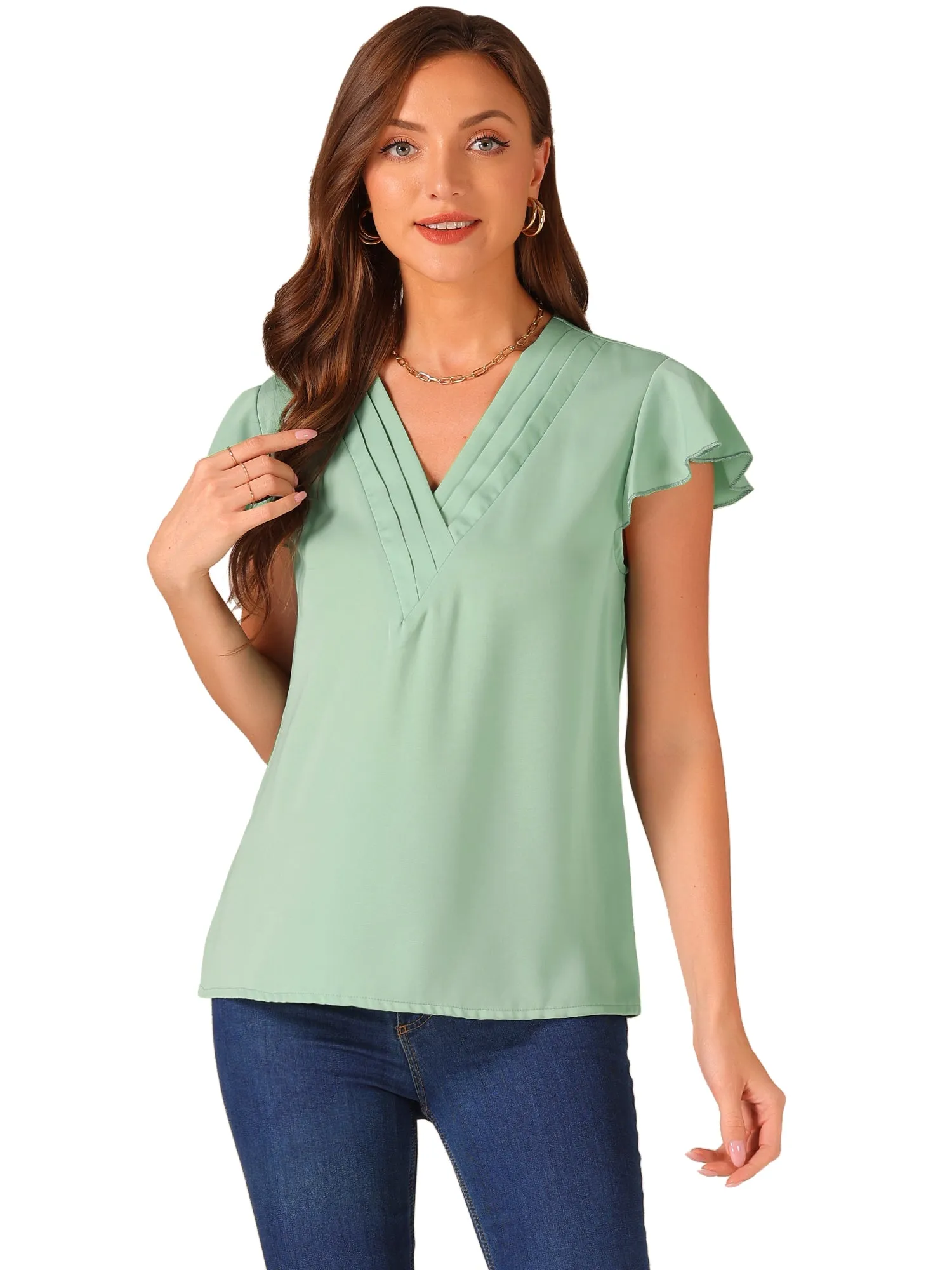 Pleated V Neck Flutter Sleeve Summer Casual Blouse