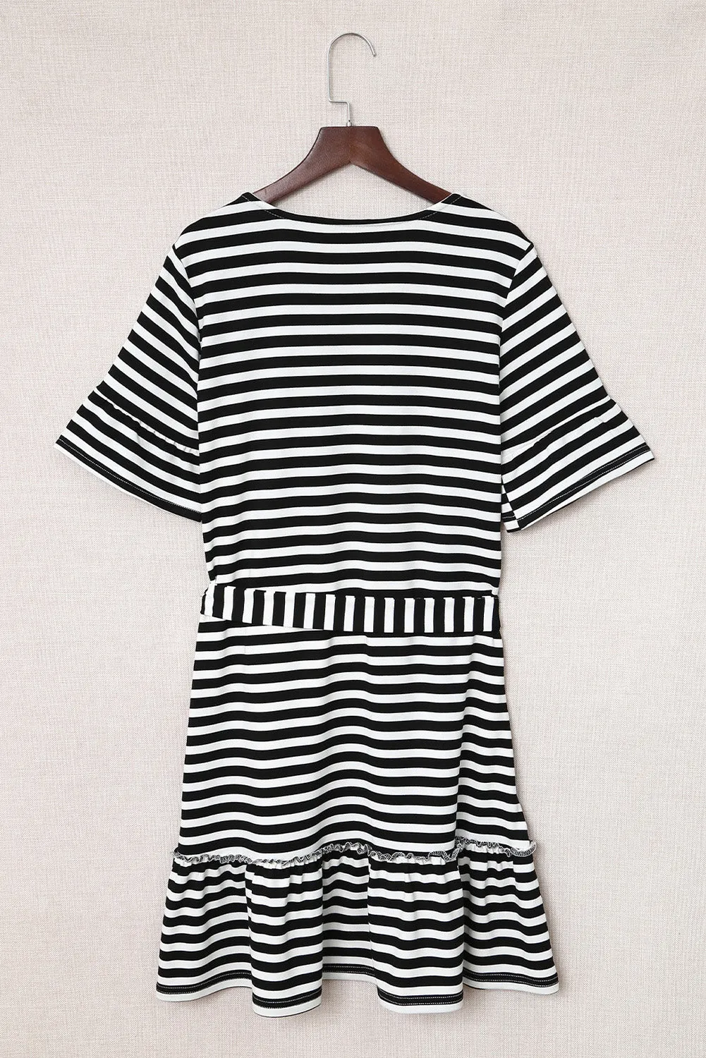 Striped Tie-Waist Frill Trim V-Neck Dress