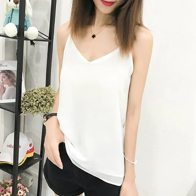 Summer Chiffon Women Camis Streetwear Sleeveless Black Female Tank Tops