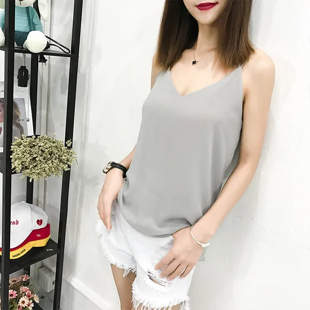 Summer Chiffon Women Camis Streetwear Sleeveless Black Female Tank Tops