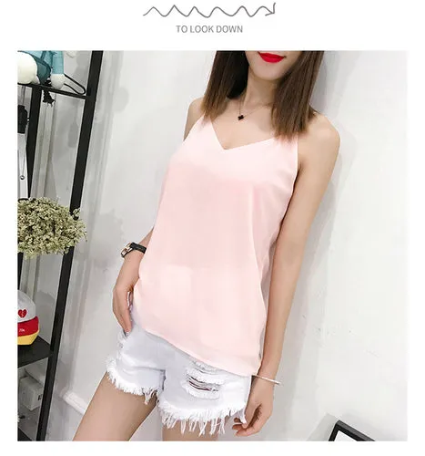 Summer Chiffon Women Camis Streetwear Sleeveless Black Female Tank Tops