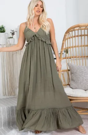 Thin Strap Ruffle Maxi Dress in Olive