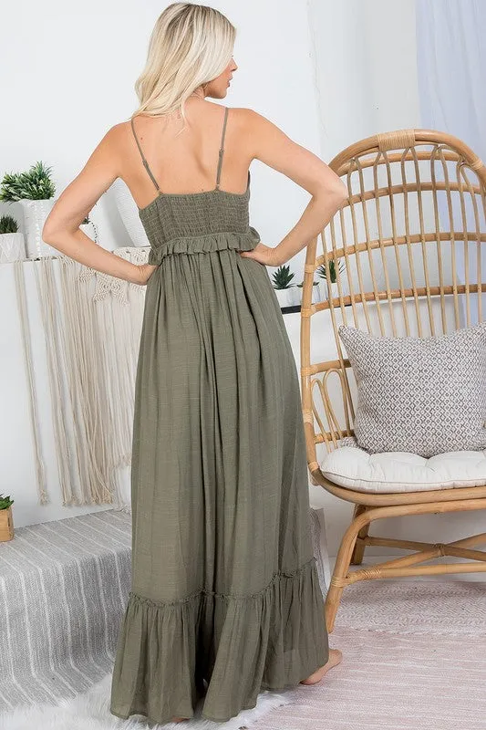 Thin Strap Ruffle Maxi Dress in Olive