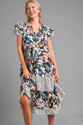 Umgee Mixed Print Midi Dress in Black