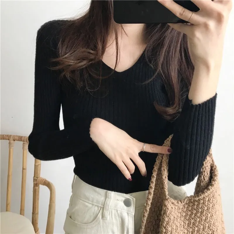 V-Neck Knitted Long Sleeved Slimming Fitted Warm Tops Vintage Slim-Look Women Sweater