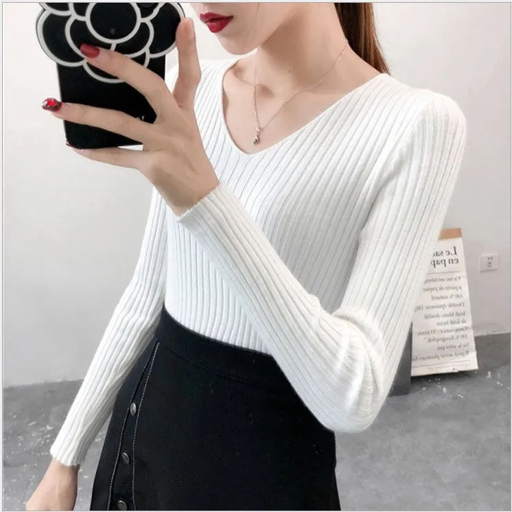 V-Neck Knitted Long Sleeved Slimming Fitted Warm Tops Vintage Slim-Look Women Sweater