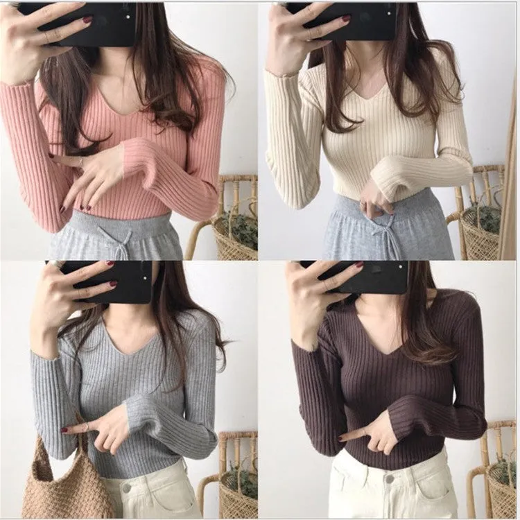 V-Neck Knitted Long Sleeved Slimming Fitted Warm Tops Vintage Slim-Look Women Sweater