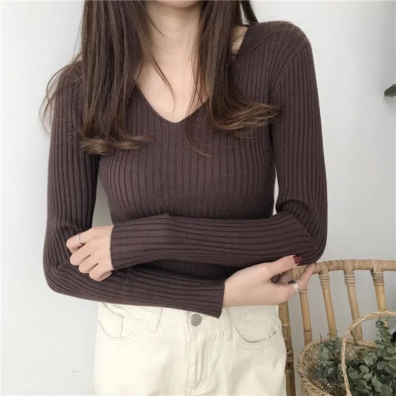V-Neck Knitted Long Sleeved Slimming Fitted Warm Tops Vintage Slim-Look Women Sweater