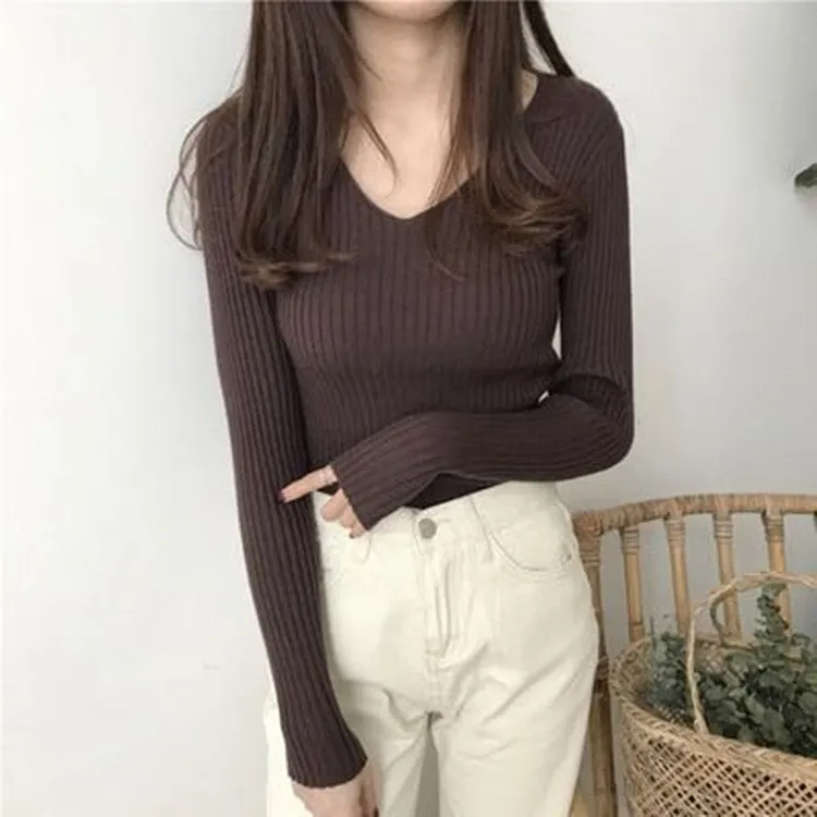 V-Neck Knitted Long Sleeved Slimming Fitted Warm Tops Vintage Slim-Look Women Sweater