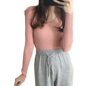 V-Neck Knitted Long Sleeved Slimming Fitted Warm Tops Vintage Slim-Look Women Sweater
