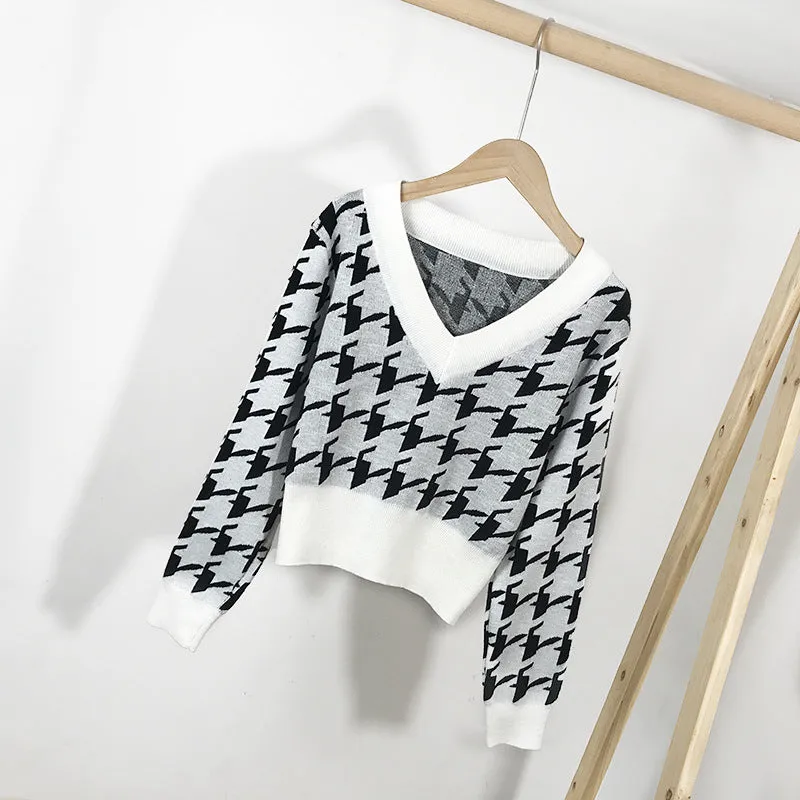 Western V-Neck Pullover Women Outdoor Short Slimming Knitted Tops Pullover