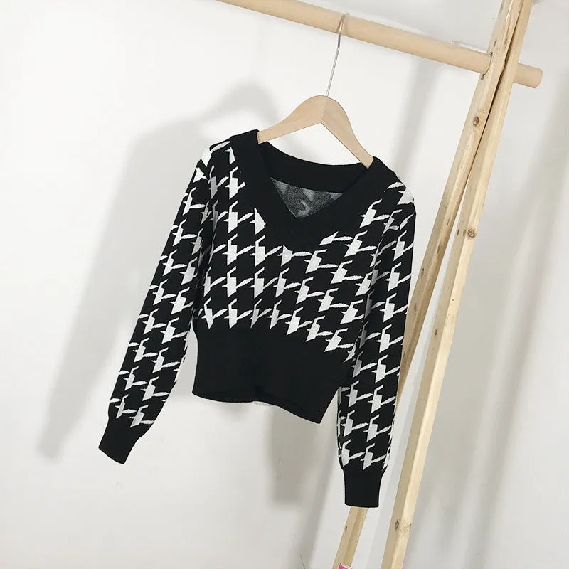 Western V-Neck Pullover Women Outdoor Short Slimming Knitted Tops Pullover