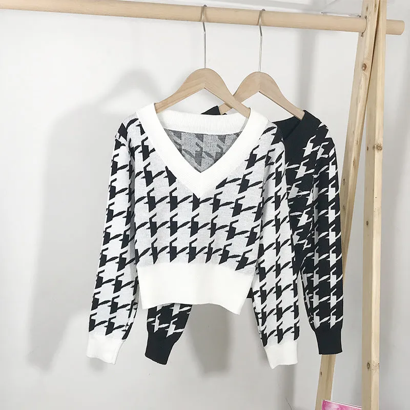 Western V-Neck Pullover Women Outdoor Short Slimming Knitted Tops Pullover