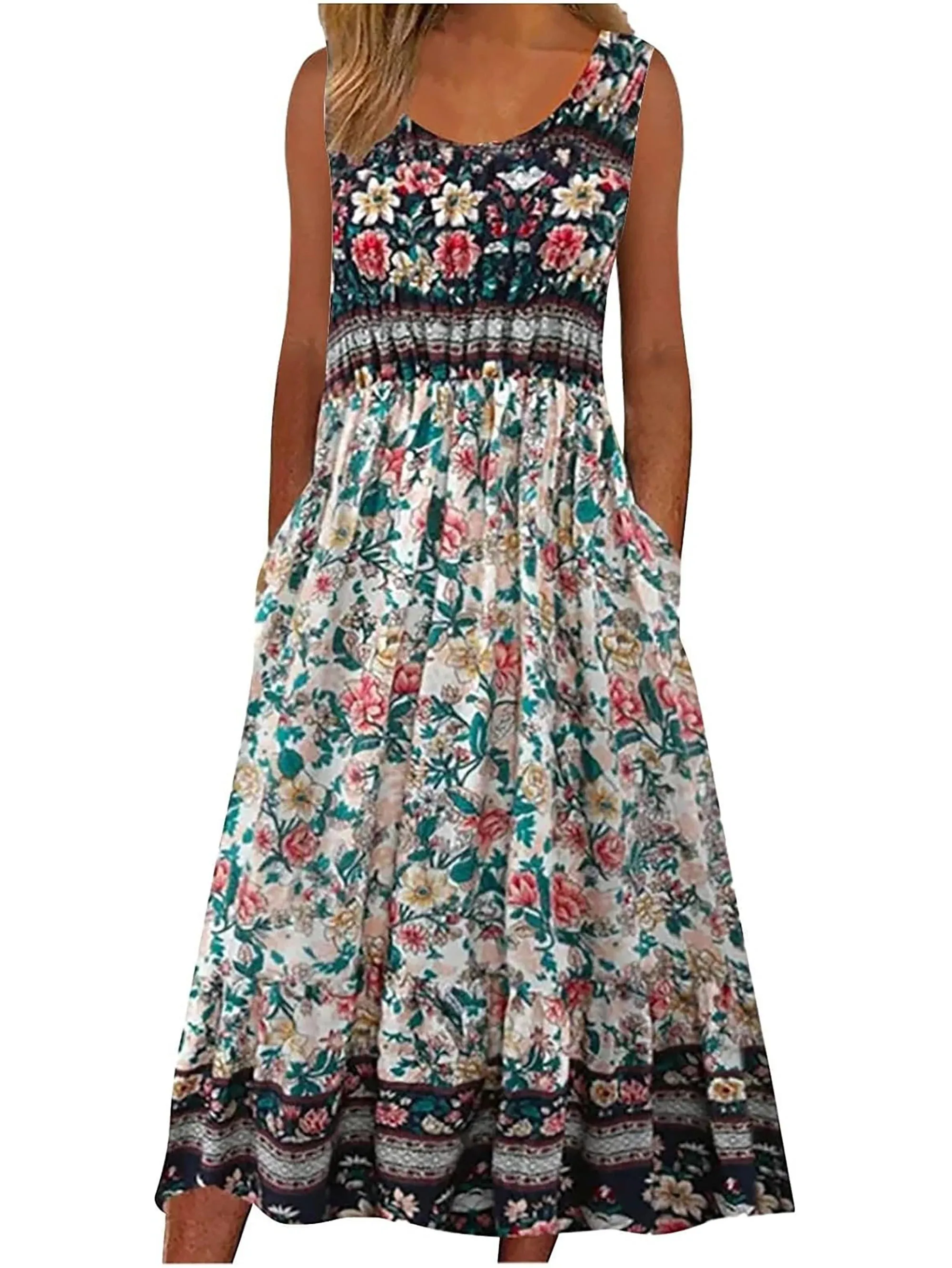 Women Sleeveless Boho Flowy Beach Midi Dress
