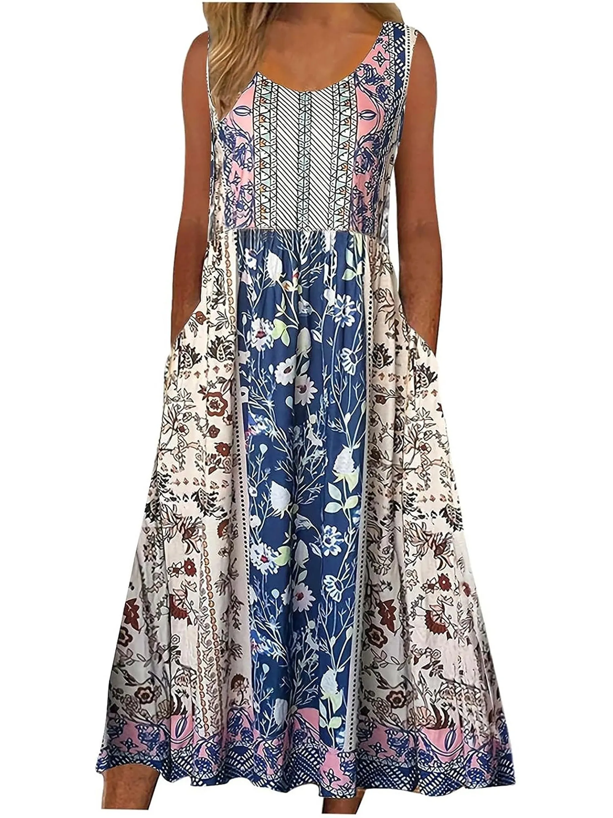 Women Sleeveless Boho Flowy Beach Midi Dress