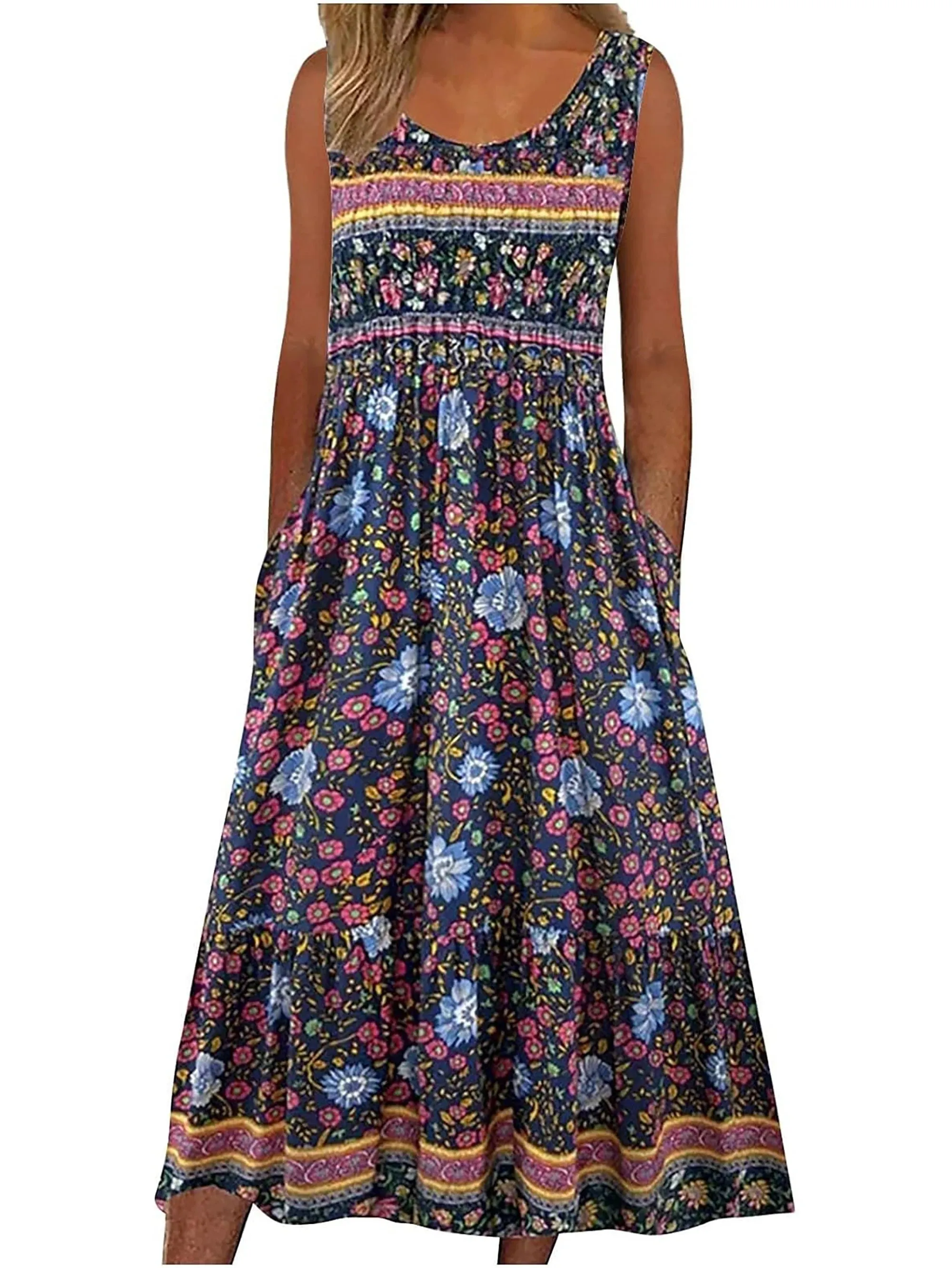 Women Sleeveless Boho Flowy Beach Midi Dress