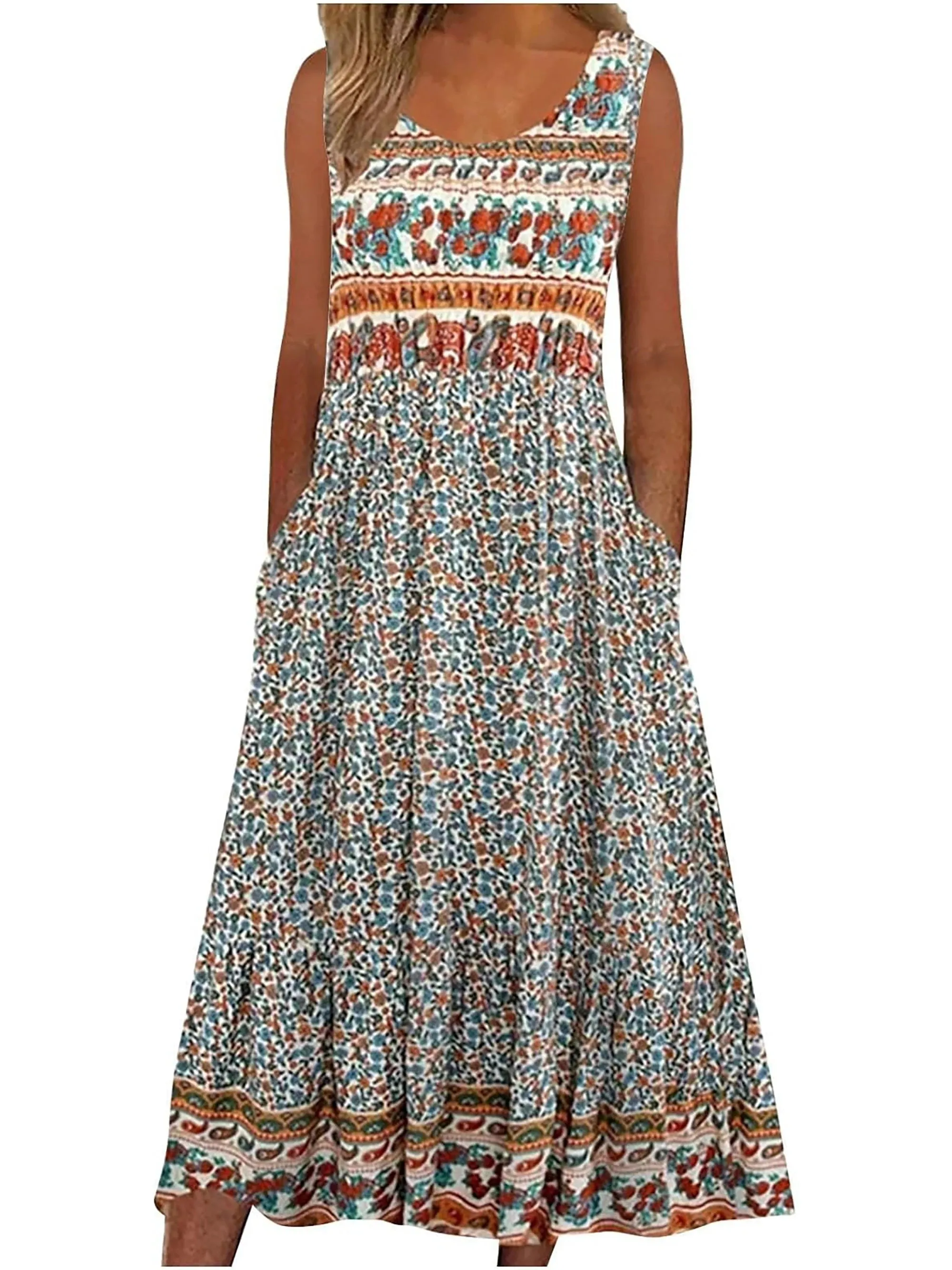 Women Sleeveless Boho Flowy Beach Midi Dress