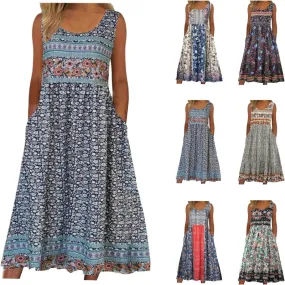 Women Sleeveless Boho Flowy Beach Midi Dress