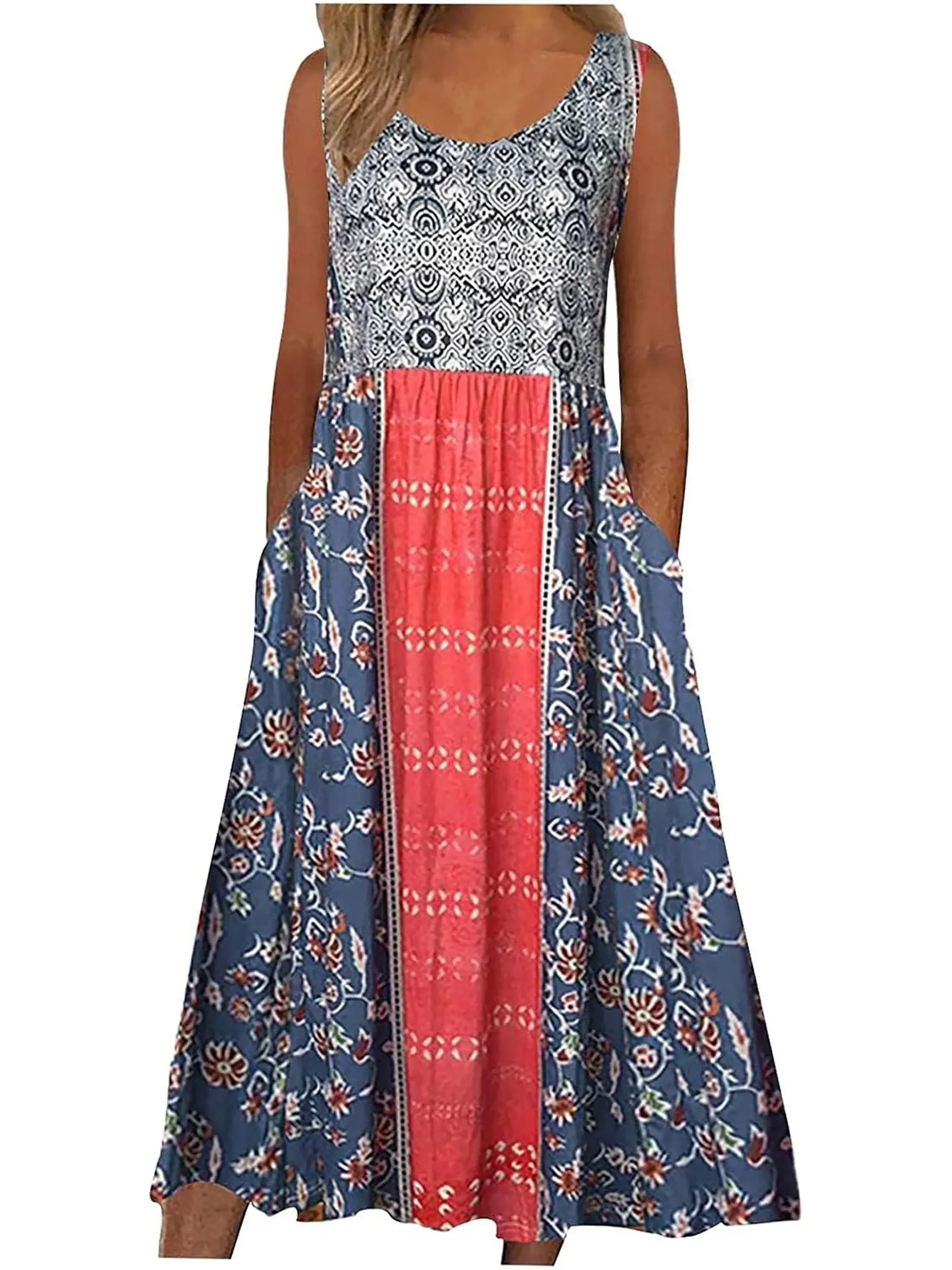 Women Sleeveless Boho Flowy Beach Midi Dress