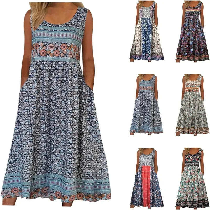 Women Sleeveless Boho Flowy Beach Midi Dress