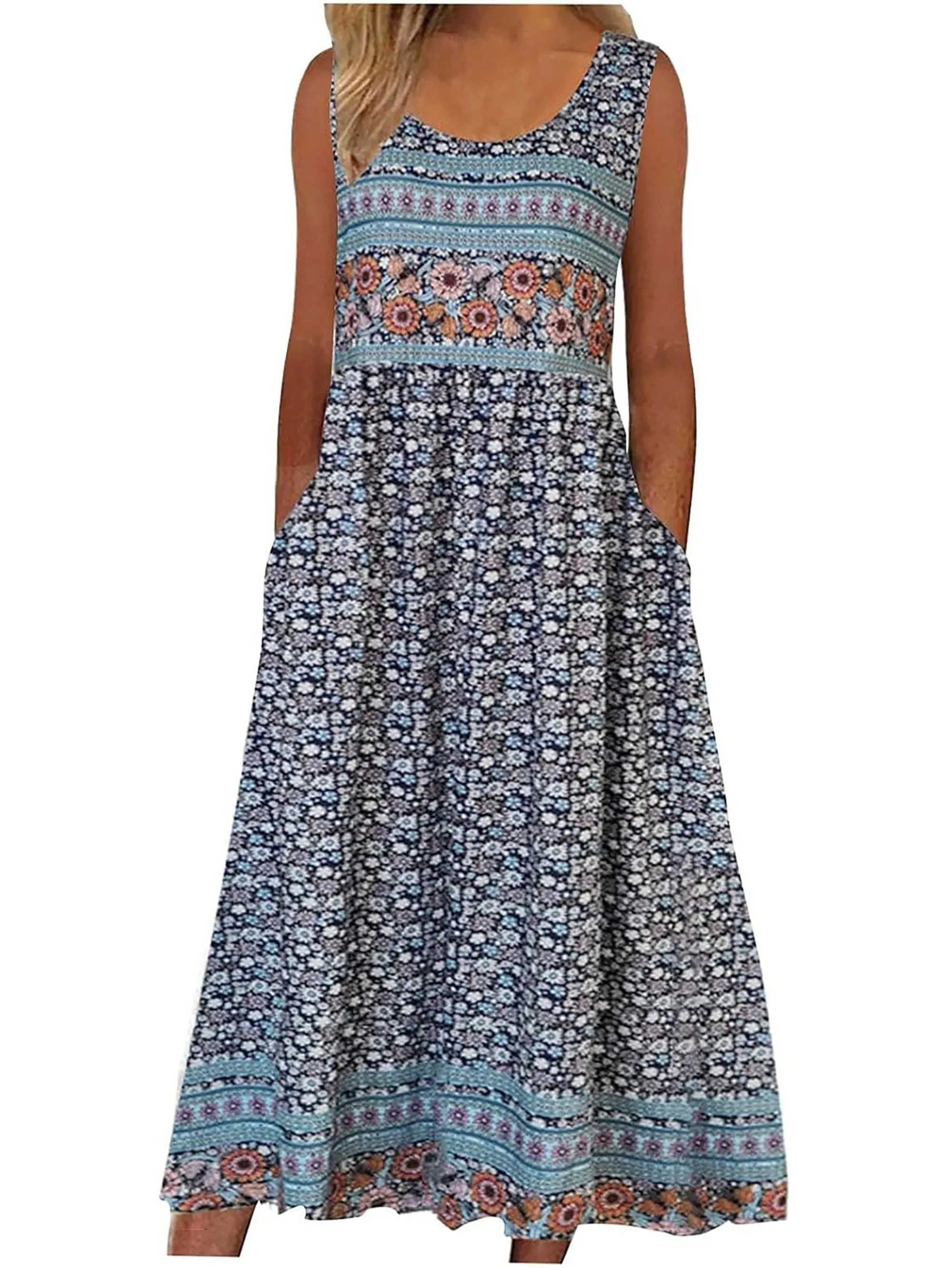 Women Sleeveless Boho Flowy Beach Midi Dress