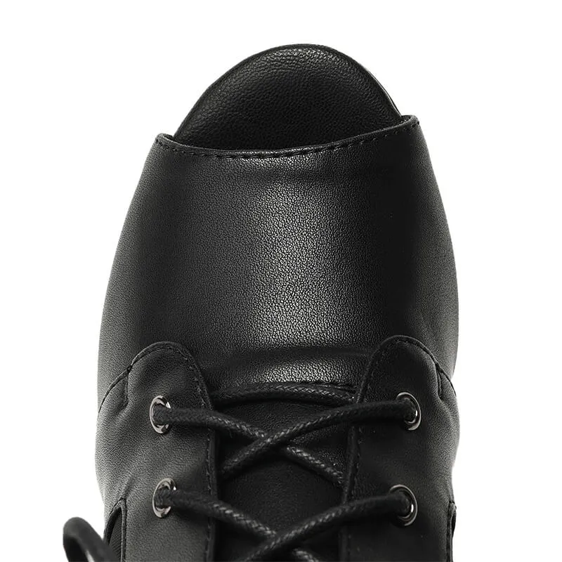 Women's Black Leather Mesh Zipper Heels Ankle Booties