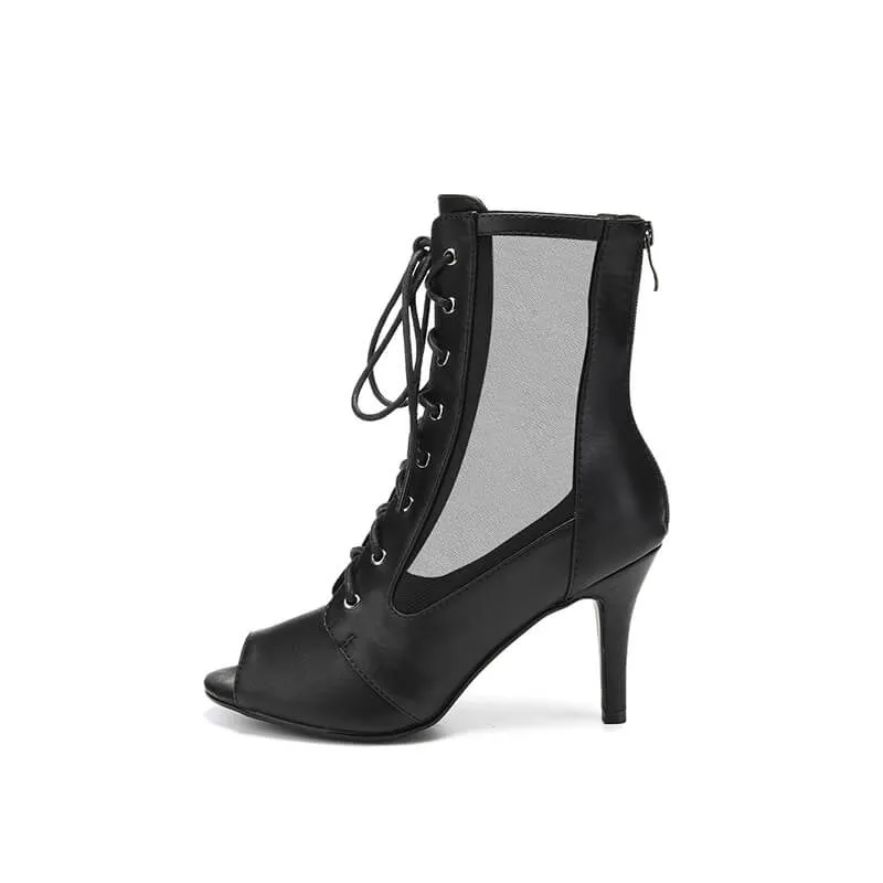 Women's Black Leather Mesh Zipper Heels Ankle Booties