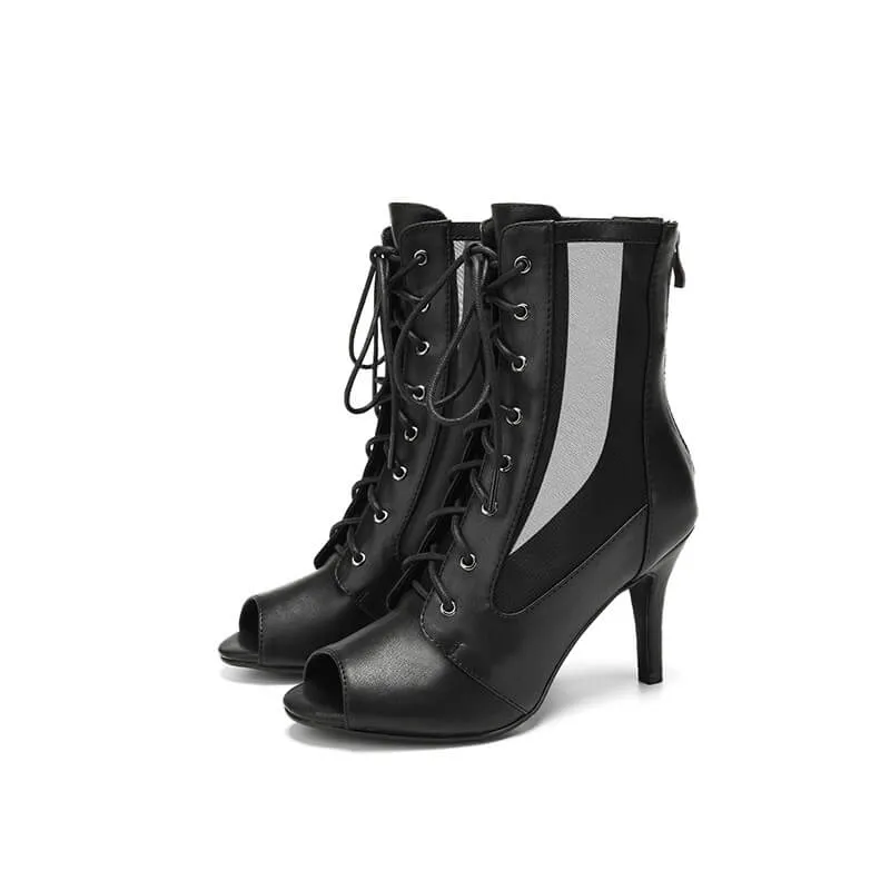 Women's Black Leather Mesh Zipper Heels Ankle Booties