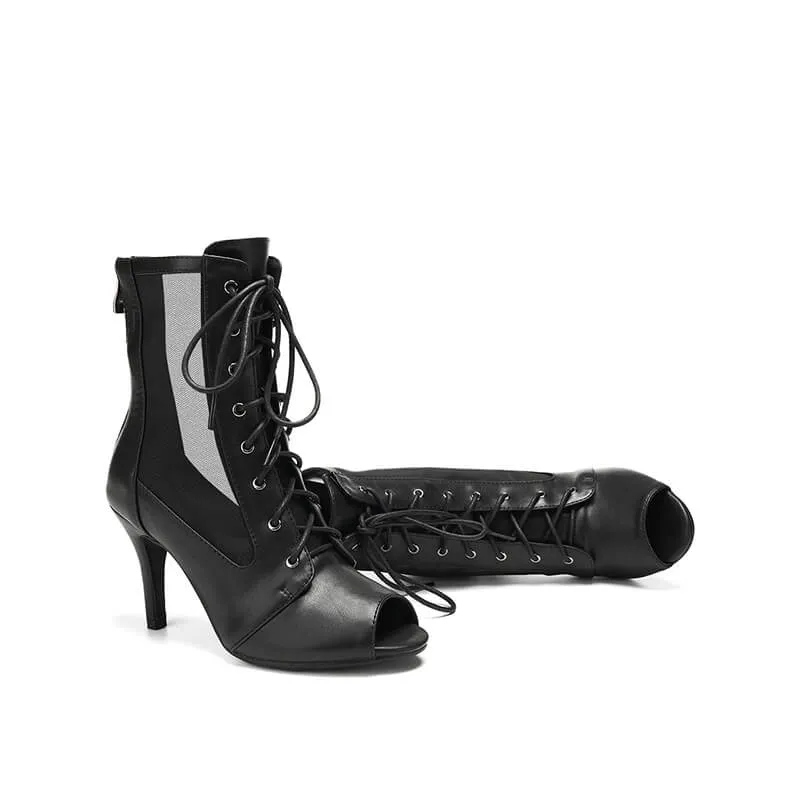 Women's Black Leather Mesh Zipper Heels Ankle Booties